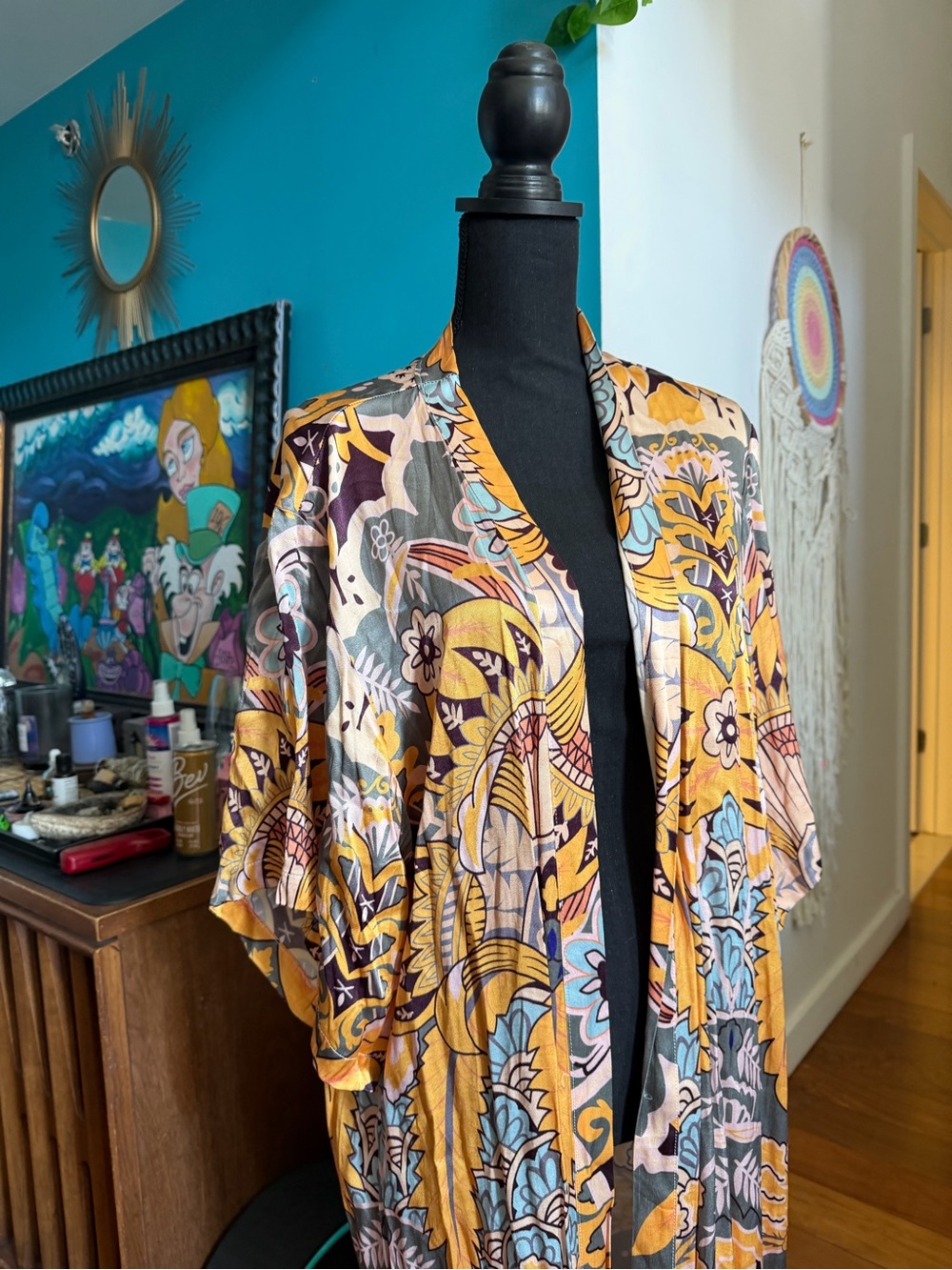 Women's Floral Print Long Kimono Robe - Yellow Multi - Picture 3 of 3